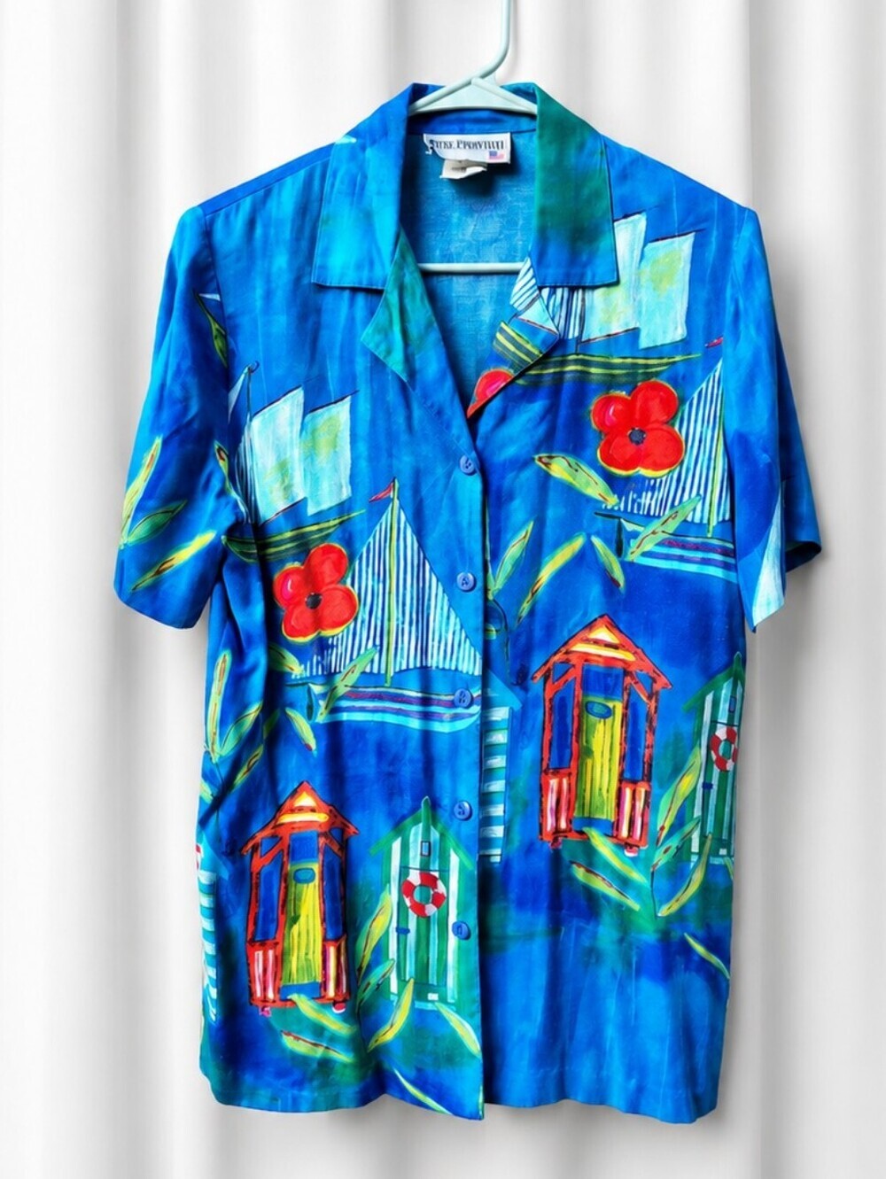 VTG Peter Popovitch Top Womans L Tropical Blue Beachy Resort Wear Made in USA